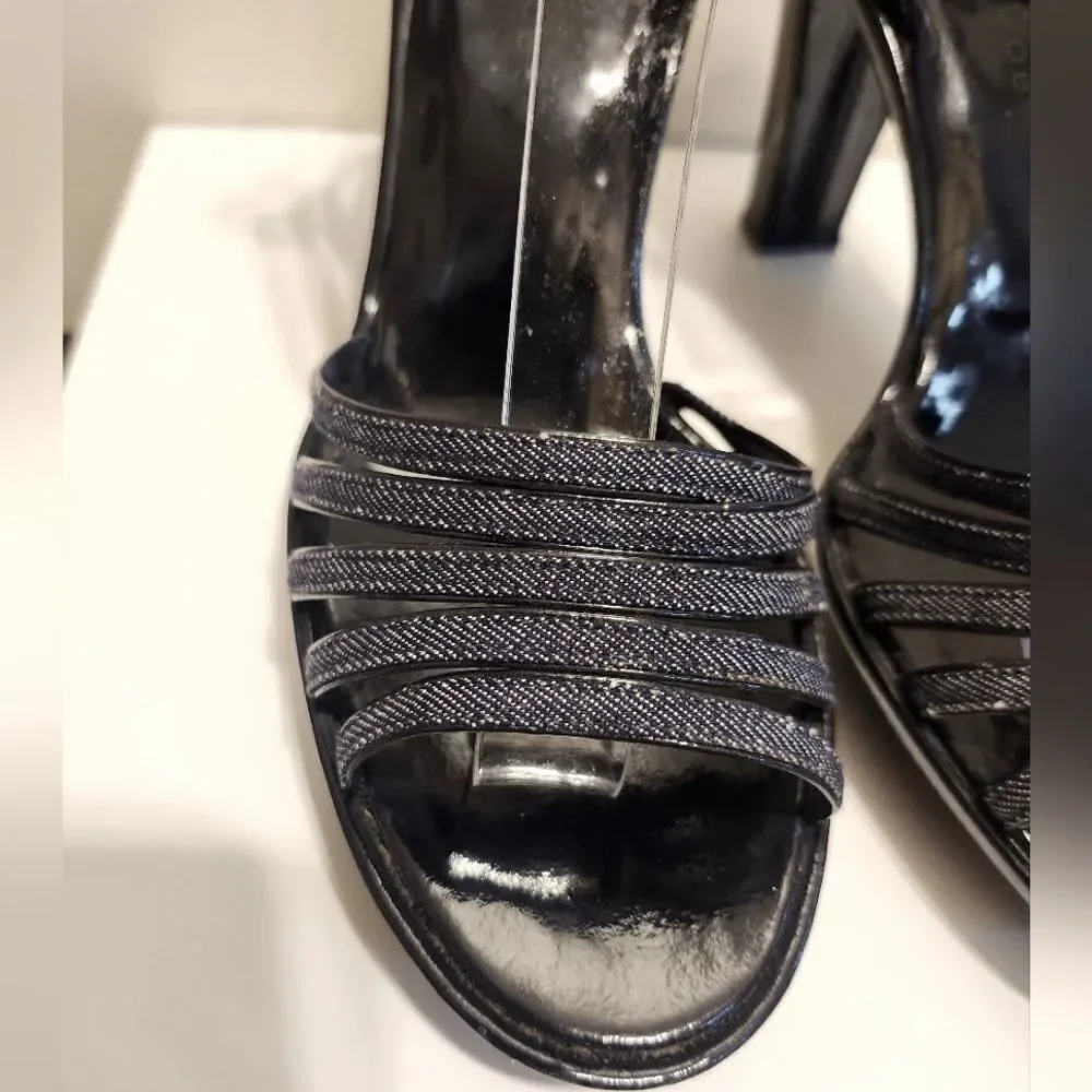 Marc Jacobs Black Patent Leather/Denim Strappy Platform Sandals Sz.7.5/38.5 $495